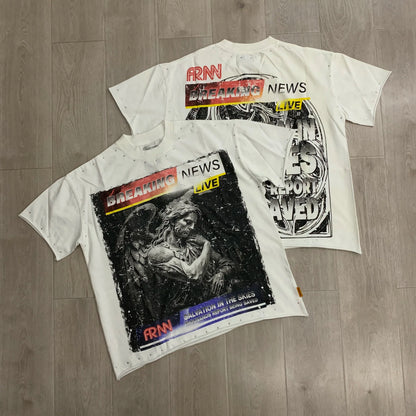 Vintage Washed Diamond Cropped Tee Streetwear Oversized T Shirt
