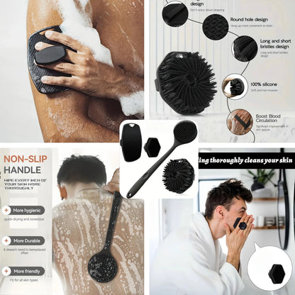 Soft Silicone Bath Brush Long Handle Shower Scrubber Set