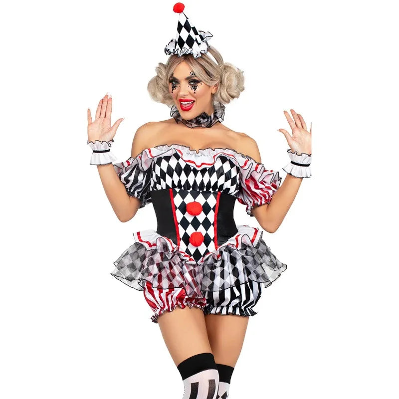 Women Clown Cosplay Costume Circus Performance Outfit Role Play Uniform Halloween Party Carnival Jester Dress Theater Stage Suit