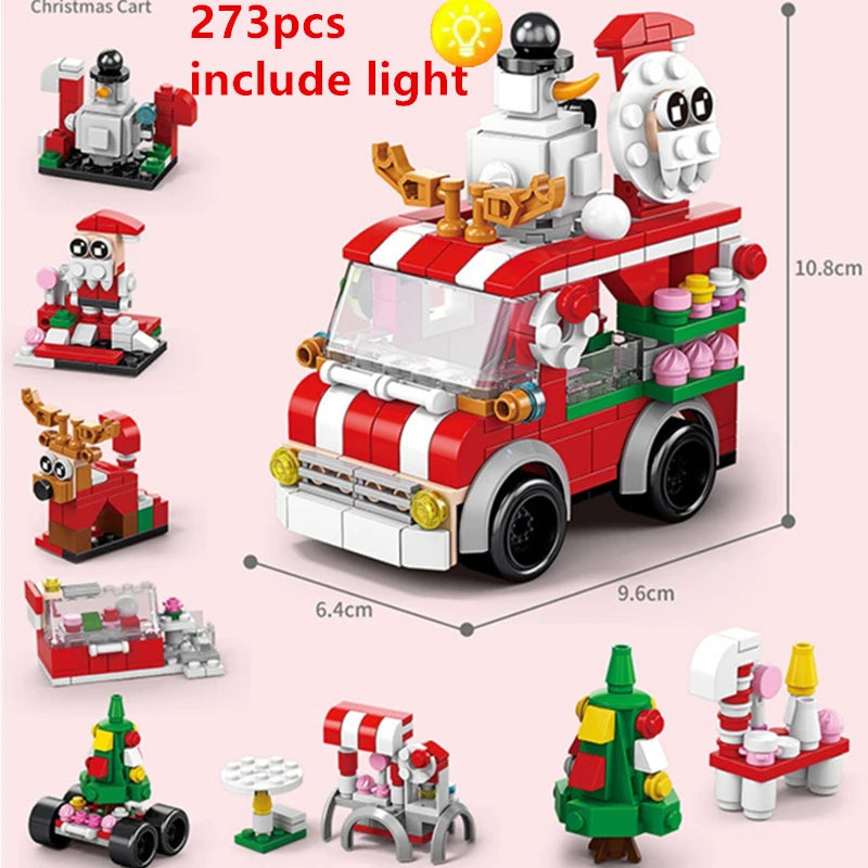 DIY 8in1 Lights Christmas Elk Deer Santa Claus Train Architecture Store Street View Xmas Tree Snow House Building Block Kit Toy