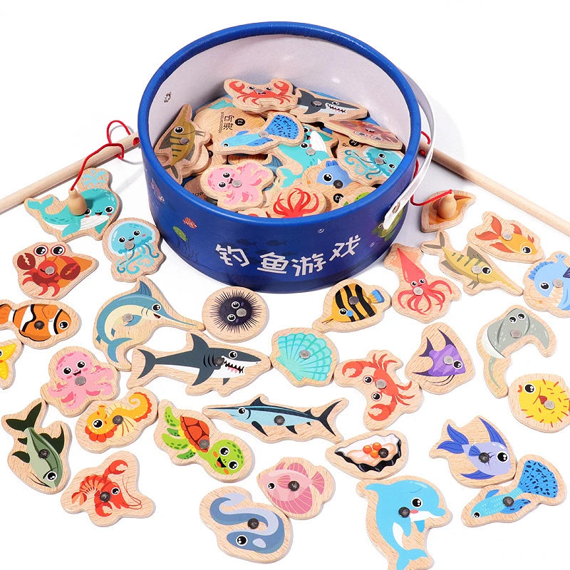 Wooden Magnetic Fishing Game Toy Marine Life Puzzle