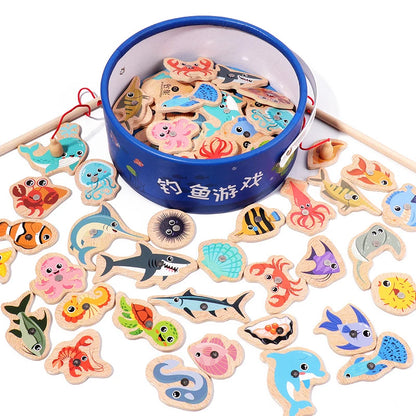 Wooden Magnetic Fishing Game Toy Marine Life Puzzle