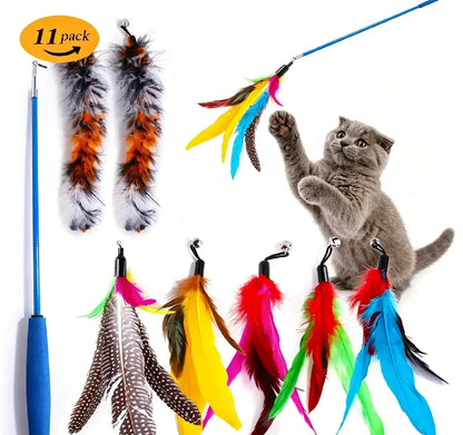 Retractable Cat Feather Wand Toy Set Teaser Stick