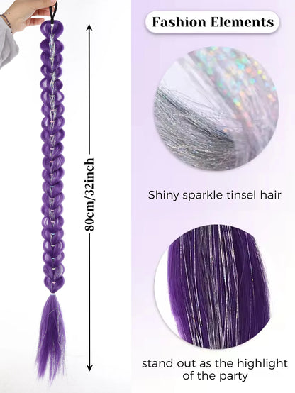 Braided Purple Hair Ponytail with Tinsel Shiny Extension 32"