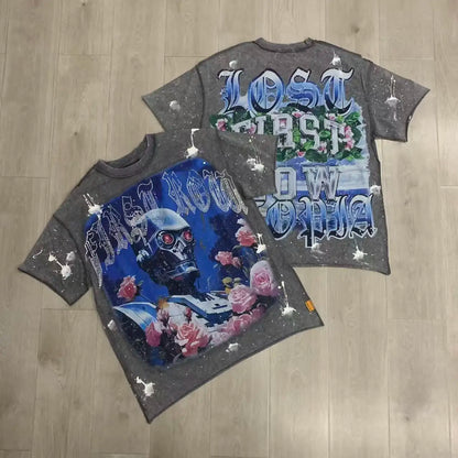 Vintage Washed Diamond Cropped Tee Streetwear Oversized T Shirt