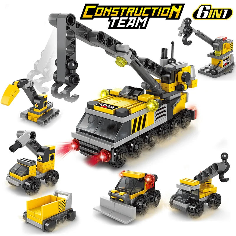 Mini size 6 In 1 Building Blocks DIY Police Car Fire Truck Castle Model Bricks Kids Educational Toys Gifts