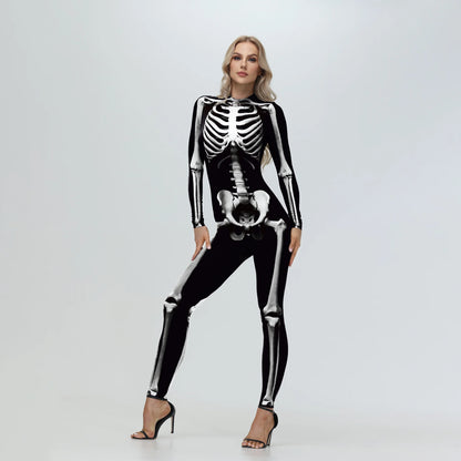 [You're My Secret] Cosplay Zombie Scary Skeleton Printed Bodysuit Halloween Party CostumeWomen Zenti Jumpsuit Day of the Dead
