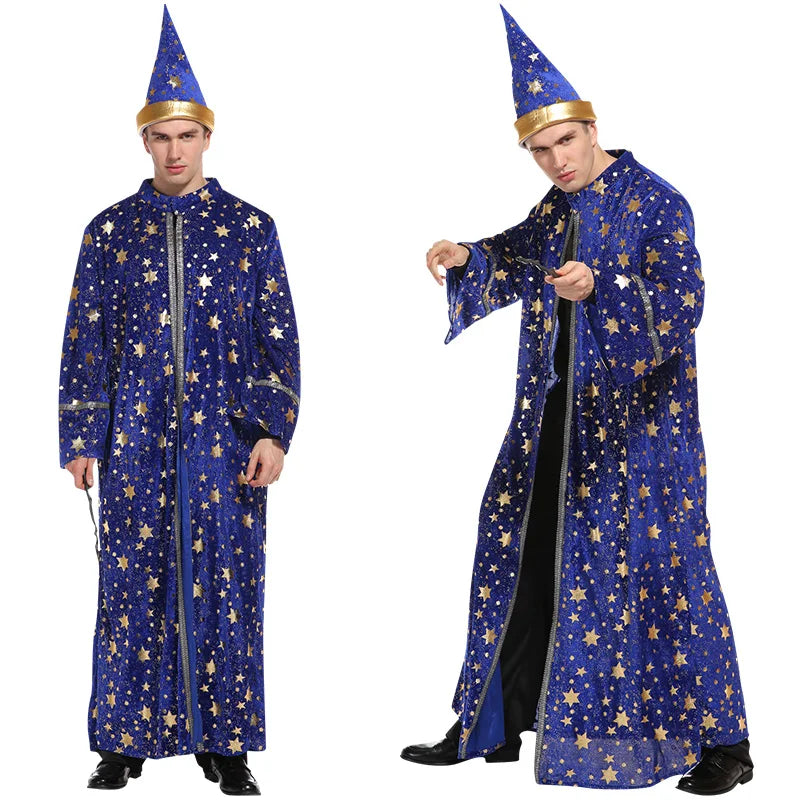 [Halloween Costume for Men and Women] Adult Wizard Cosplay Magician Performance Costume Blue Starry Robe + Pointed Hat Set Stars