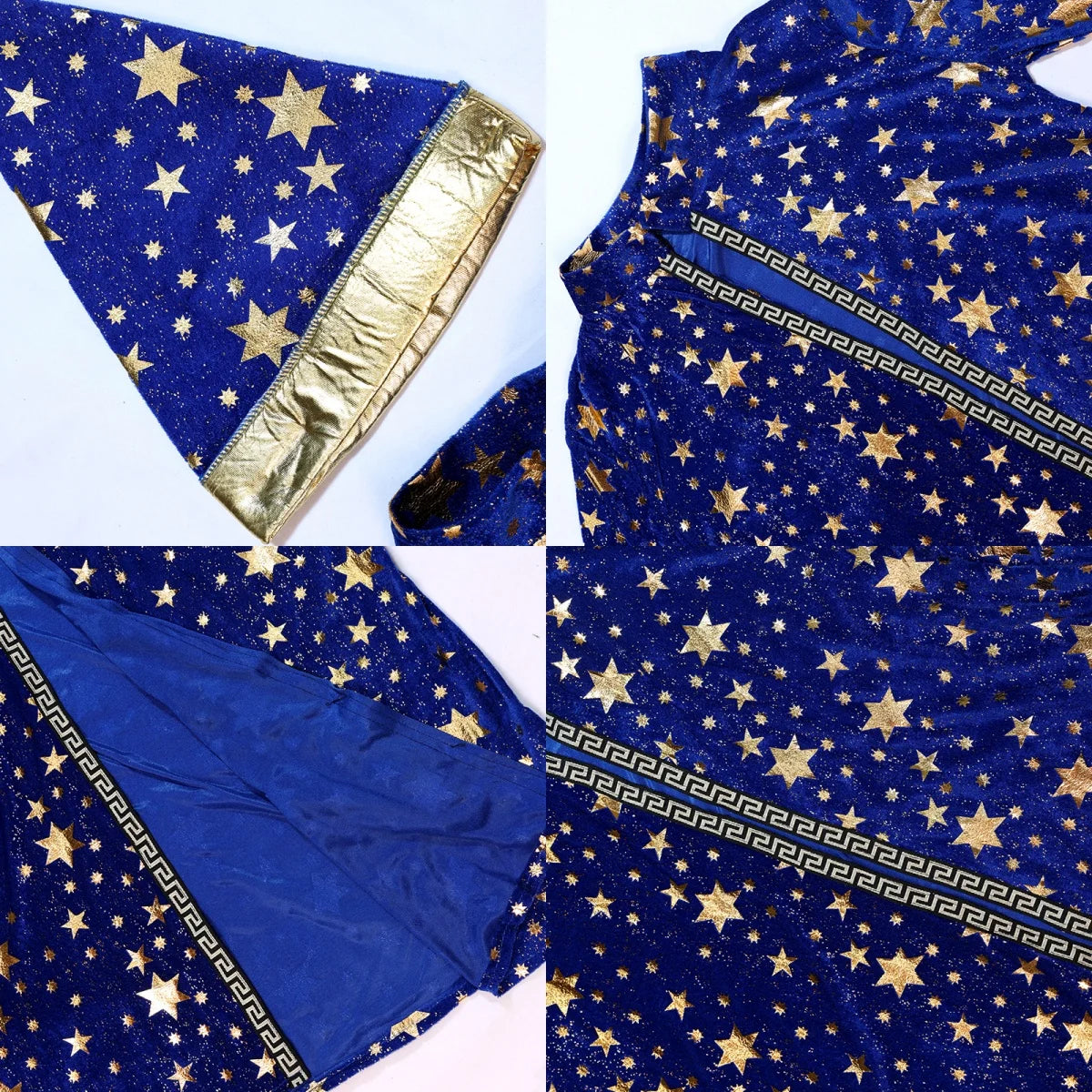 [Halloween Costume for Men and Women] Adult Wizard Cosplay Magician Performance Costume Blue Starry Robe + Pointed Hat Set Stars