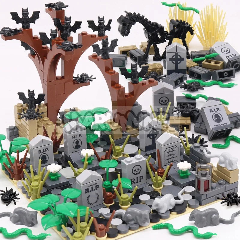 MARUMINE Halloween Building Blocks Set 99-265pcs Graveyard Grave Tombstone Construction Decoration Bricks with Bat Spider Snake
