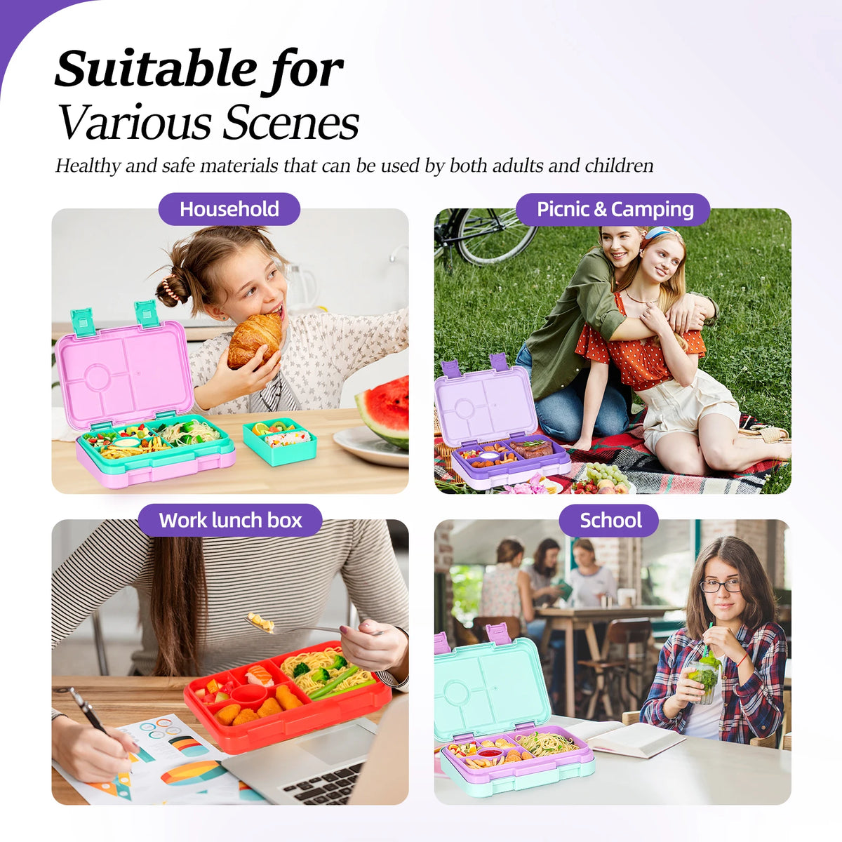 37oz Adorable Cartoon Printed Bento Box Microwavable Divided Lunch Box Leakproof BPA-Free Snack Food Container for School Picnic