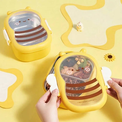 Cute Cartoon Bee Pattern Insulated Lunch Box with Compartments Leakproof Thermal Food Jar for Kids Students School Picnic Use