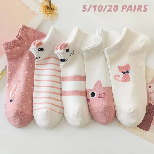 Women Short Tube Socks Pink Cat Cute Boat Socks 5 Pack
