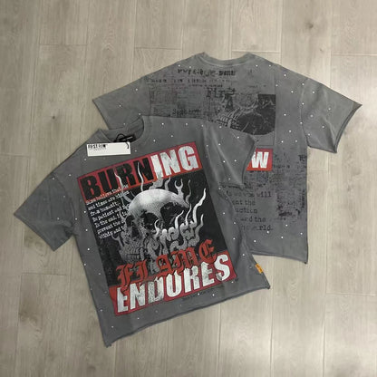 Vintage Washed Diamond Cropped Tee Streetwear Oversized T Shirt