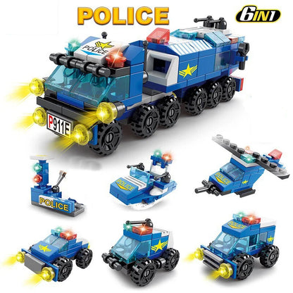Mini size 6 In 1 Building Blocks DIY Police Car Fire Truck Castle Model Bricks Kids Educational Toys Gifts