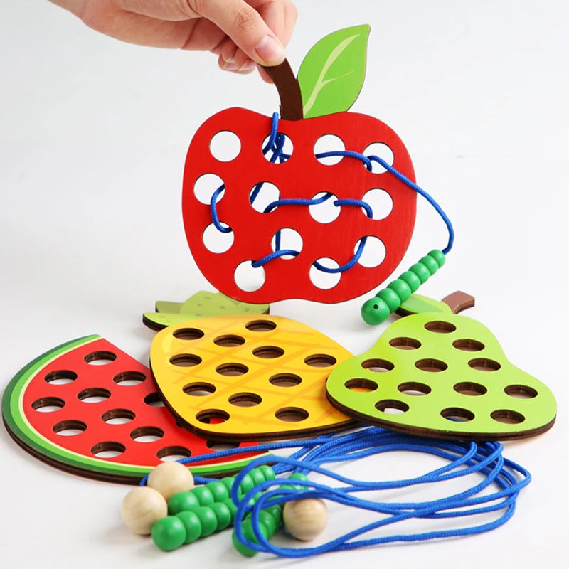 Wooden Lacing Toy Fruit Threading Travel Activity