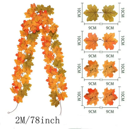 2M Artificial Fall Maple Leaf Garland Fake Plants Autumn Decor Leaves Vine for Thanksgiving Halloween Festivals Wedding Decora