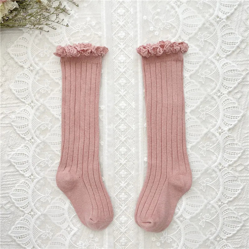 Ruffle Girls Knee High Socks Baby Lace Flower School Uniform