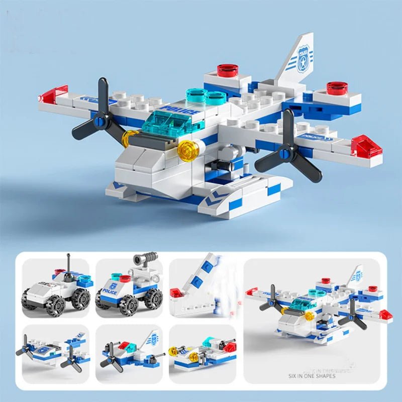 Mini size 6 In 1 Building Blocks DIY Police Car Fire Truck Castle Model Bricks Kids Educational Toys Gifts