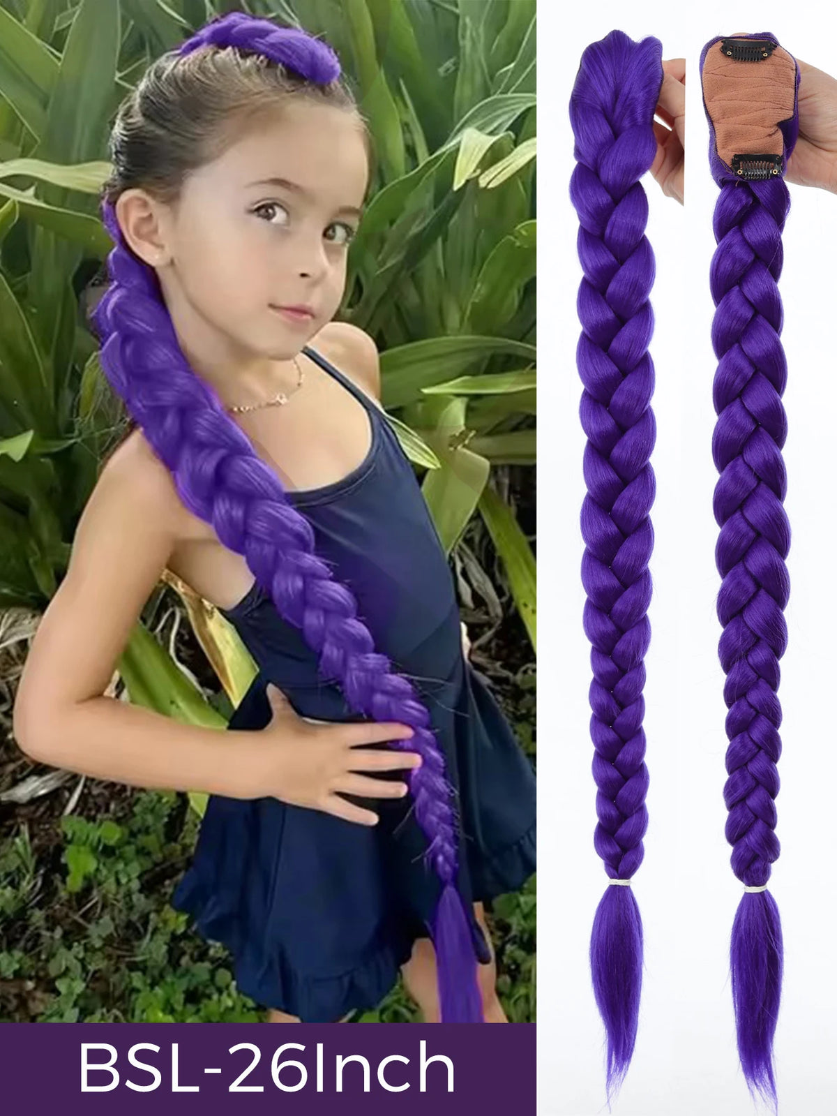 Braided Purple Hair Ponytail with Tinsel Shiny Extension 32"