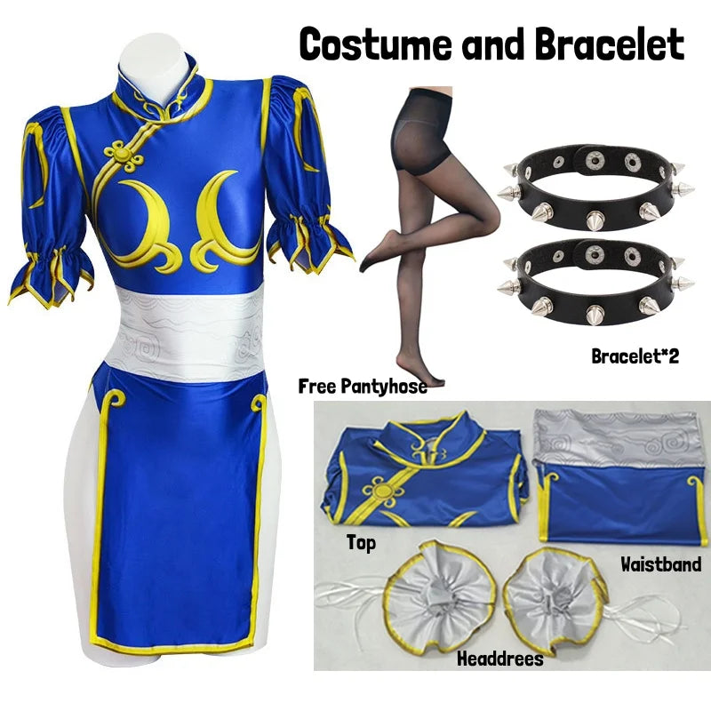 Women's Street Fighter Chun Li Cosplay Costume Game Fighter Chunli Blue Cheongsam with Headdress and Waistband Halloween Costume