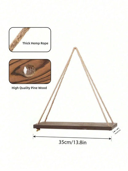 Wooden Swing Hanging Hemp Rope Shelf Floating Plant Tray