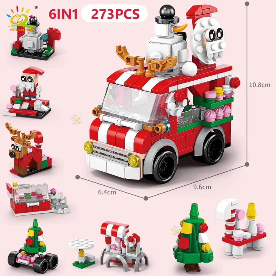 HUIQIBAO 6IN1 Christmas Elk Deer Santa Claus Building Blocks City Snow House Xmas Tree Bricks Set Toys for Children Kids Gift