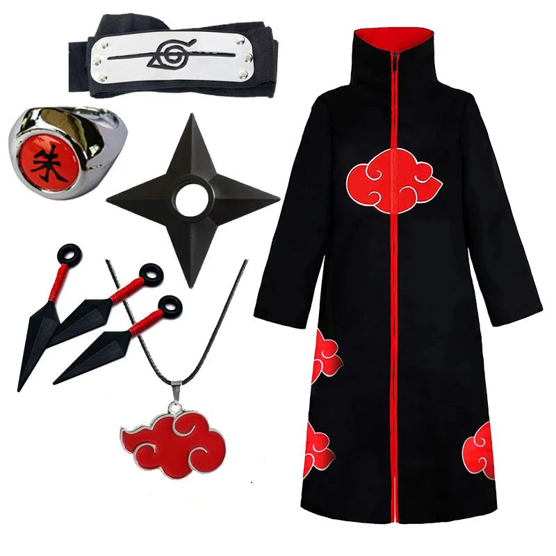 Anime Ninja Cosplay Costume Uchiha Itachi Red Cloud Cloak Robe Cloak Headband Props Halloween Clothes