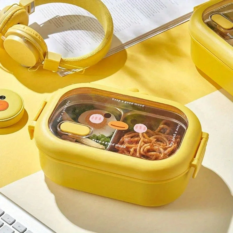 Cute Cartoon Bee Pattern Insulated Lunch Box with Compartments Leakproof Thermal Food Jar for Kids Students School Picnic Use