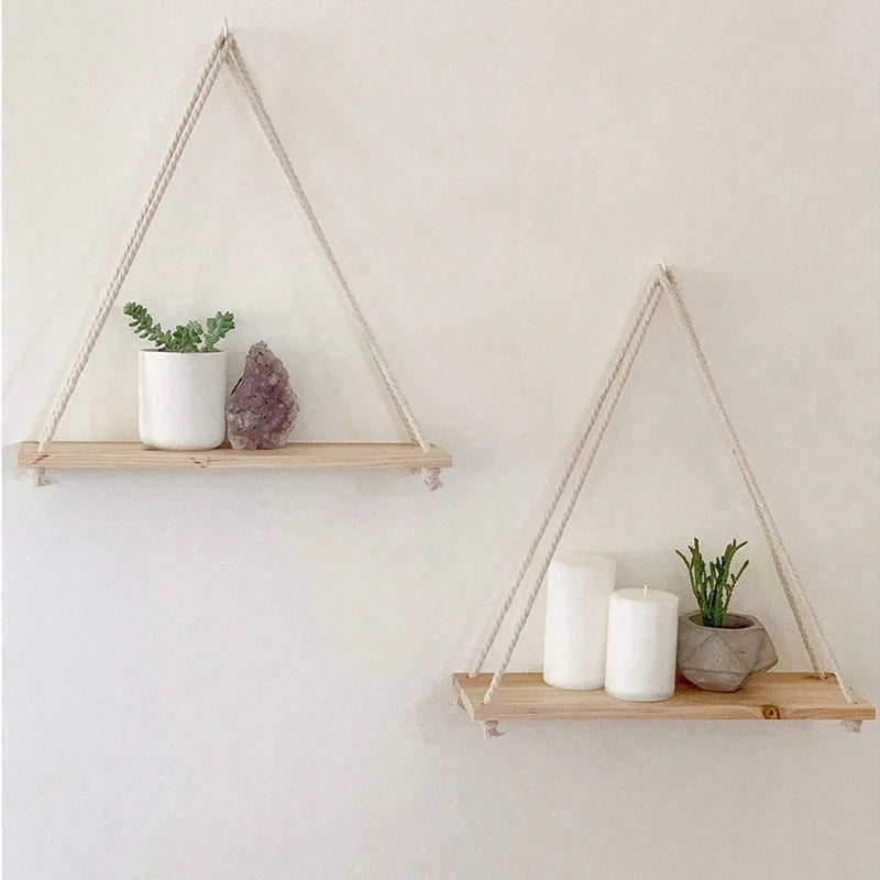 Wooden Swing Hanging Hemp Rope Shelf Floating Plant Tray