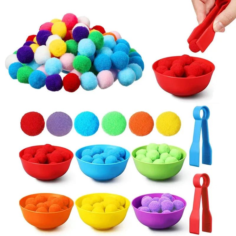 Rainbow Pom Pom Sorting Toy Set Fine Motor Game