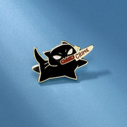 1pc Cute Cartoon Black Cat Enamel Brooch Creative Animal With A Knife In Mouth Lapel Pin Badge Backpack Clothing Hat Accessories