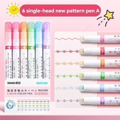 Curve Liner Highlighter Pen Set Roller Tip Pattern Markers 6Pcs