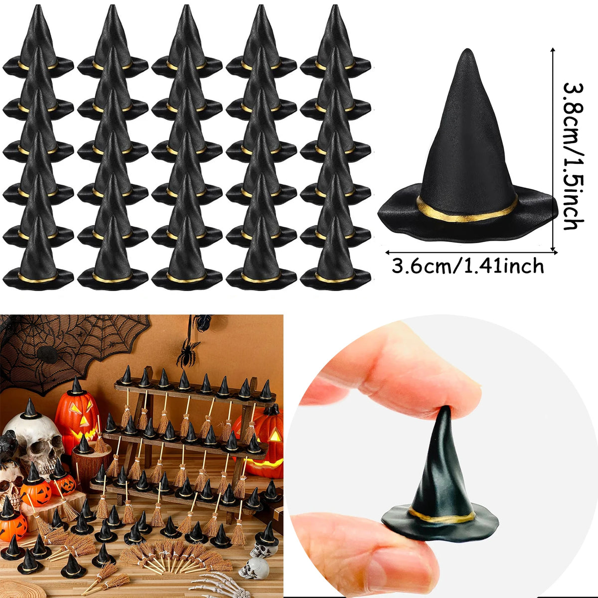 10-100Pcs Mini Witch Hat with Mini Broom Miniature Straw Brooms with Red Rope for Halloween Party Craft Witches Decor Accessory