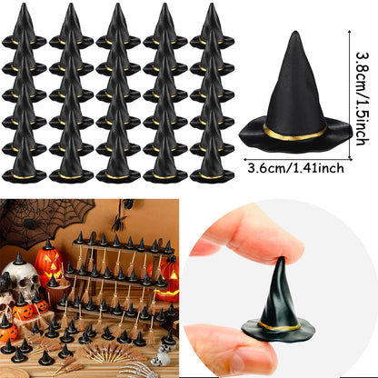 10-100Pcs Mini Witch Hat with Mini Broom Miniature Straw Brooms with Red Rope for Halloween Party Craft Witches Decor Accessory