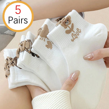 Cartoon Teddy Bear Patterned Ankle Socks Women Casual