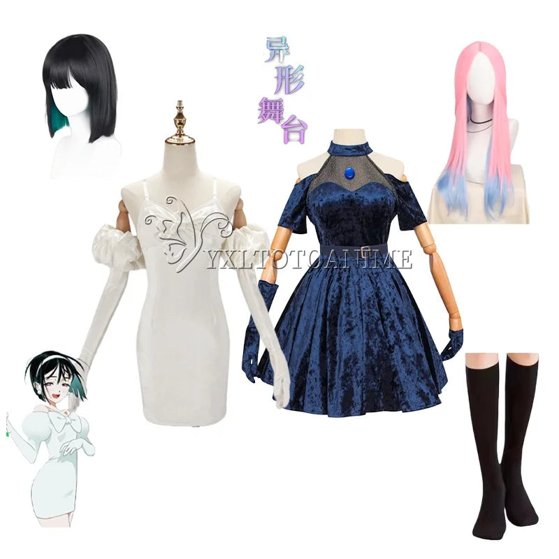 Anime Alien Stage Mizi Sua Cosplay Costume Wig Dark Blue Dress Pink Blue Long Hair Gloves Stockings Belt Set Uniform for Christm