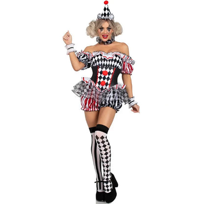 Women Clown Cosplay Costume Circus Performance Outfit Role Play Uniform Halloween Party Carnival Jester Dress Theater Stage Suit