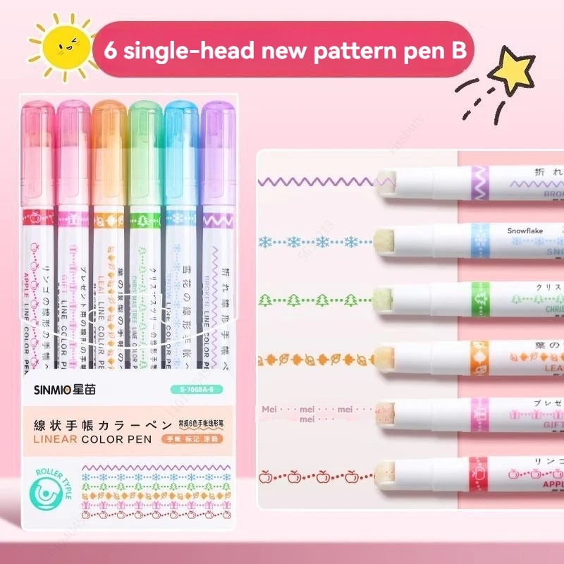Curve Liner Highlighter Pen Set Roller Tip Pattern Markers 6Pcs