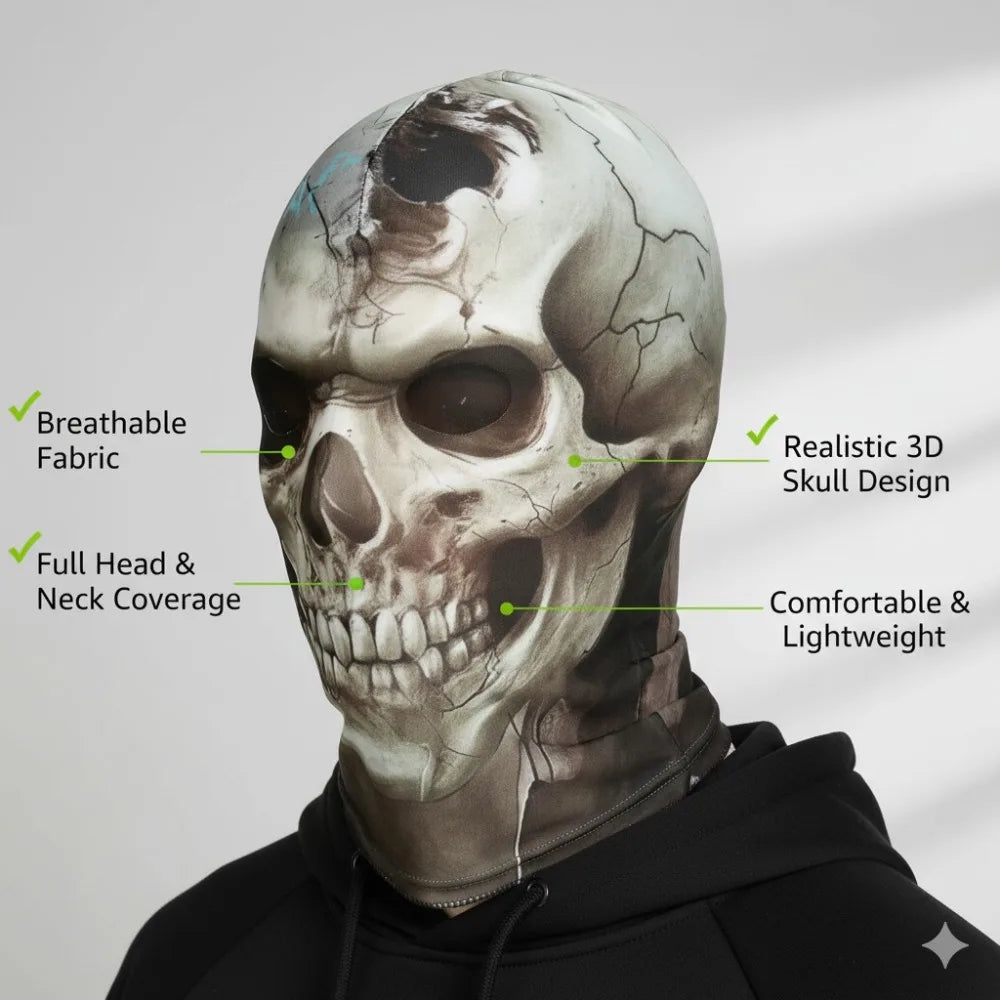 3D Realistic Skull Mask with Elastic Breathable Mesh Headband Comfortable Halloween Costume Accessory Horror Theme for Cosplayer