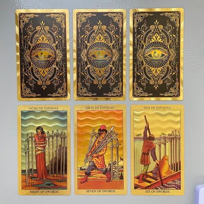 Spanish and English Golden Foil Tarot Deck Prophecy Cards for Beginners with 2-Languages Guidebook 12x7cm Toro Taro