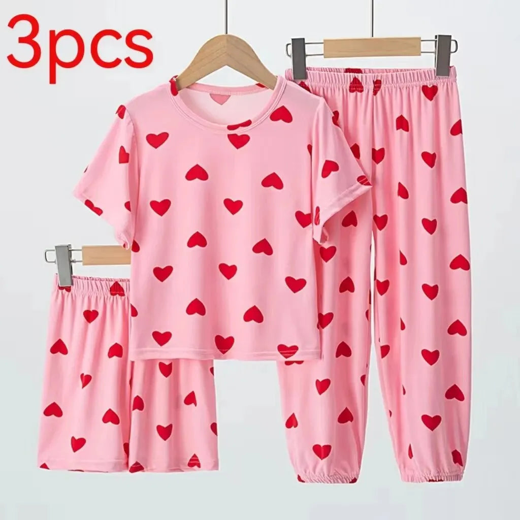 Girl Summer Love Short Sleeve Pajamas Three Piece Set