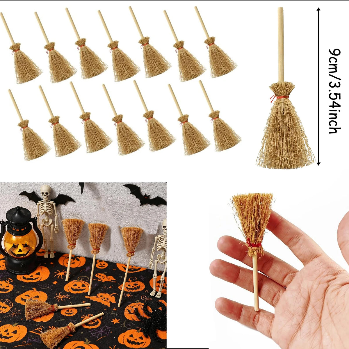 10-100Pcs Mini Witch Hat with Mini Broom Miniature Straw Brooms with Red Rope for Halloween Party Craft Witches Decor Accessory