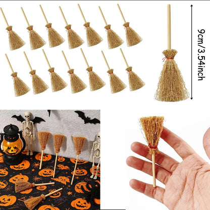 10-100Pcs Mini Witch Hat with Mini Broom Miniature Straw Brooms with Red Rope for Halloween Party Craft Witches Decor Accessory
