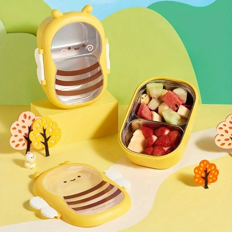 Cute Cartoon Bee Pattern Insulated Lunch Box with Compartments Leakproof Thermal Food Jar for Kids Students School Picnic Use