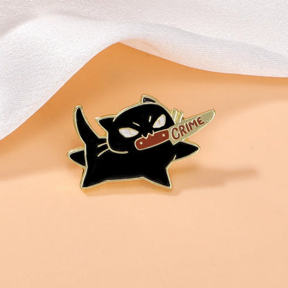 1pc Cute Cartoon Black Cat Enamel Brooch Creative Animal With A Knife In Mouth Lapel Pin Badge Backpack Clothing Hat Accessories