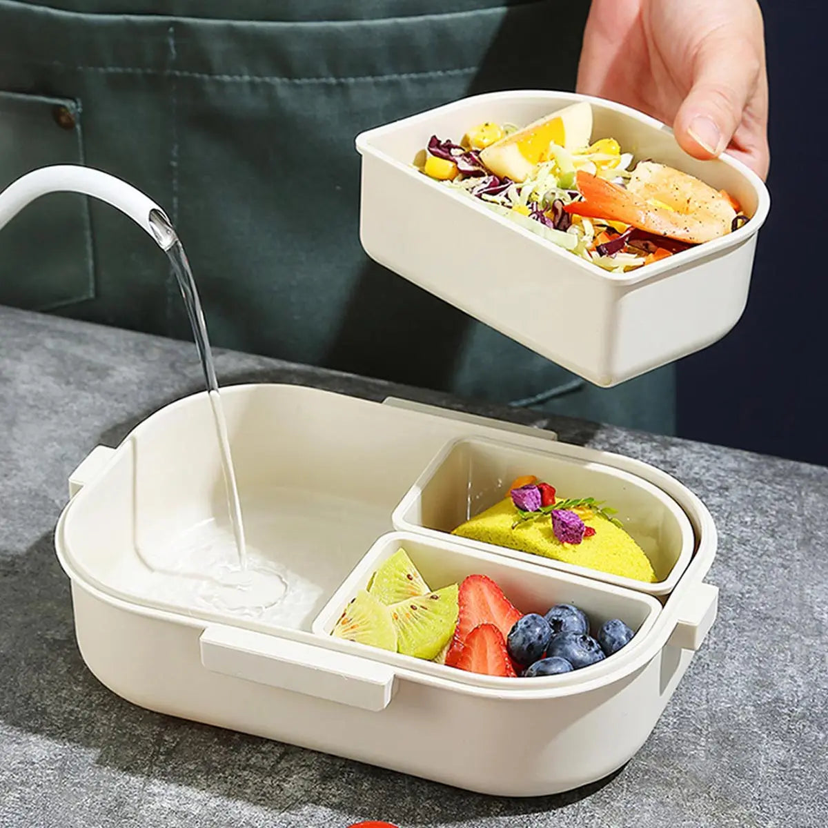 Removable 3 Compartment Plastic Bento Box Microwavable Food Container
