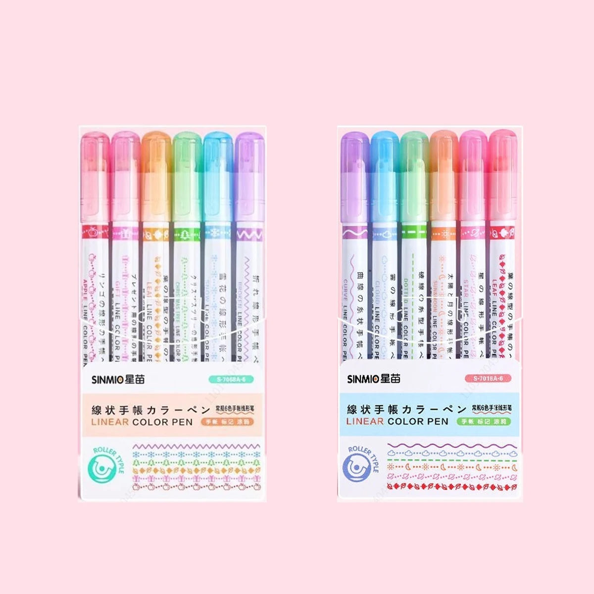 Curve Liner Highlighter Pen Set Roller Tip Pattern Markers 6Pcs
