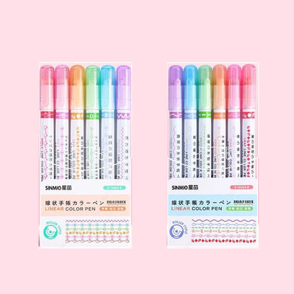 Curve Liner Highlighter Pen Set Roller Tip Pattern Markers 6Pcs
