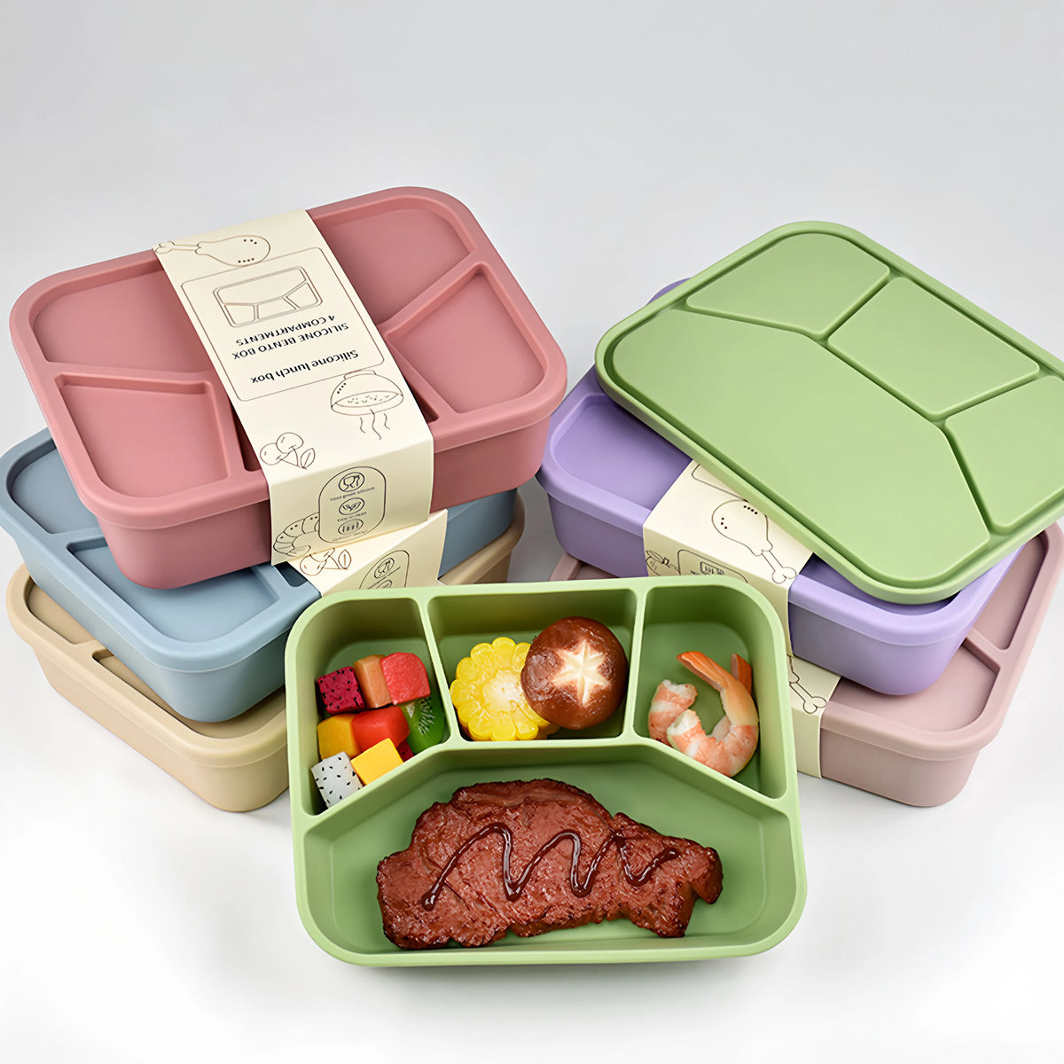 Silicone Bento Box,FourCompartments,Reusable Silicone Lunch Box,Thickened and Leak-Proof Food-Grade Divided Lunch back to school